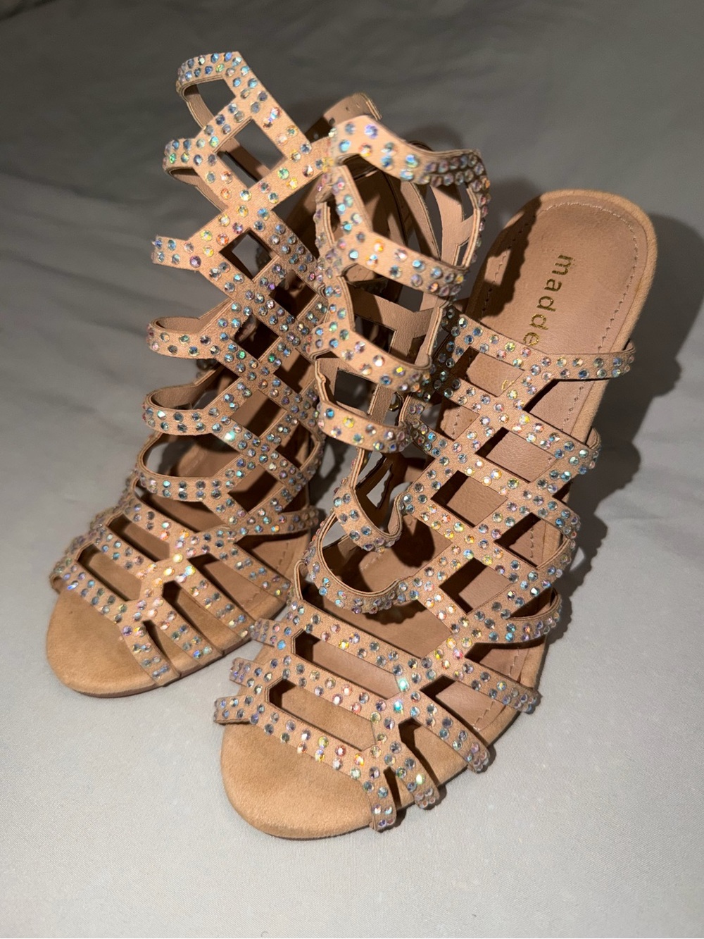 Madden Girl Blush Tan Rhinestone Cage Heels